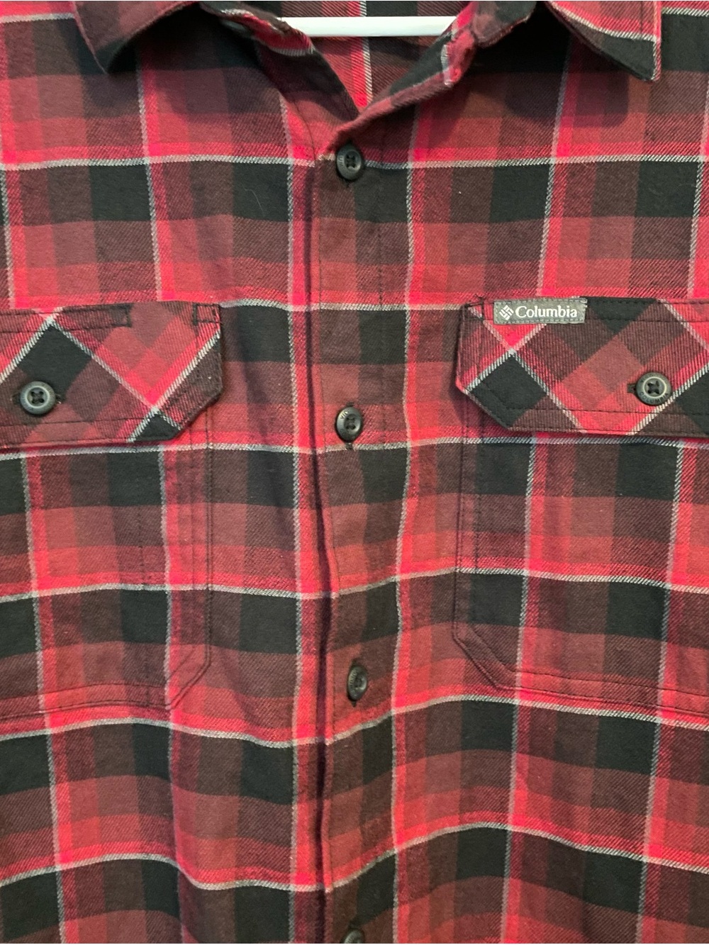 Columbia Red and Black Plaid Flannel Button-Up Shirt